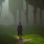 Placeholder: A person walking through a city made of trees, moss, vines and tall plants