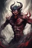 Placeholder: A piece of concept art depicting a male horrific demon with realistic, intricate details. The artwork should contain chaotic brush strokes reminiscent of the style commonly seen in late 20th-century concept art. Focus on a dynamic, flowing composition with high contrast and a primarily color scheme, to evoke a sense of movement and drama.