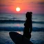 Placeholder: Silhouette of a female surfer holding a surfboard looking out at the ocean at twilight, dramatic stunning