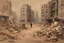 Placeholder: A haunting piece depicting the aftermath of conflict, with broken toys amid rubble and a lone, shadowy figure walking away, symbolizing the lost innocence and the long-lasting scars of war on society. make it a painting make it more abstract