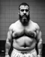 Placeholder: full figure shot photography of a burly chubby turkish prisoner , 50 years old , shirtless in white dirty boxer, long beard, long hair , in a dark prison, dirty, ugly, bullneck, muscular, crossed arms, manly chest, shirtless, bulge, misery and poverty, emotive eyes, photorealistic, ultradetailed, 32k, side view from below, dim light