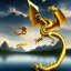 Placeholder: a lone gold dragon flying above a lake with mountains in the background