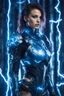 Placeholder: Photography Beautiful woman dressing cyberpunk armor, blue lighting, lightning, surrounded by blue electricity