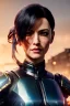 Placeholder: Middle age female Cyborg anime warrior, graying hair, dark blue hair, ponytail hairstyle, orange eyes, waist up portrait,4k resolution, intricate details, ornate details, soft lighting, vibrant colors, retroanime, masterpiece, intricate eyeliner, dark eyeshadow, futuristic cityscape background