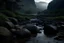 Placeholder: boulders next to the river in a dark and moody, misty drakensberg wilderness