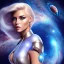 Placeholder: A beautiful portrait of a galactic woman blonde hair in a galactic suit in cosmos blue