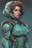 Placeholder: female futuristic soldier, aged 34, massive muscles, strong jaw, brown hair, turquoise spacesuit