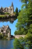 Placeholder: medieval gothic house built into rocks, lake, trees, arches, balconies, bridges, verandas, foliage, sunny blue sky