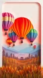 Placeholder: logo with strong hard light, The logo is balanced and symmetrical, inspired by a paper-cut BIG SUNRISE landscape with RAINBOW COLOR OF hot air balloons,High-resolution stock photo in a HIGH COLORED dramatic cinematic style. The image features professional quality and a film-like composition and lighting, depicting a paper-cut landscape with hot air balloons, mountains, lake, boat, trees . Vector art glossy grasses . White frame, rounded top, straight bottOM