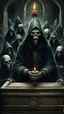 Placeholder: Bosch painting style, 3D ugly scary hooded creature sleeping in a coffin with hands on chest in surrounded by other hooded dark evil creatures wearing black one of them carrying a small candle in scary dark evil temple they all staring at the dead creature in the coffin