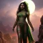 Placeholder: fantasy setting, dark-skinned woman, indian, green hair