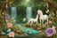 Placeholder: A beautiful fairytale magical composition of a rainforest with a waterfall, a masterpiece, patchwork-like, made of different materials: tulle embroidered with precious stones, lace and real pearls, silk, velvet, burlap, faux fur with leopard print. Unicorn, flowers