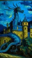 Placeholder: A dark blue castle with a benevolent dragon guarding it painted by Vincent van Gogh