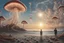 Placeholder: Standing on a beach of an alien world, watching mushrooms with jellyfish tentacles in the sky, photorealistic, Deep Colour, Fantastical, Intricate Detail, sunshine