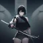 Placeholder: Clear focus,High resolution, black short fluffy hair, long fluffy bangs, and dark blue eyes, Depressed girl, wearing a black short shirt with a black sleeveless crop top, dark aura, controlling water, in a black room, holding a katana