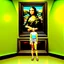 Placeholder: A painting of Mona Lisa on the wall, the frame with shorts and Crocs attached to her human legs