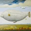 Placeholder: A white bird shaped blimp in the sky painted by Gustav Klimt