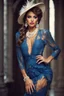 Placeholder: full body beautiful girl, elegant blue lace clothes of the 80s, luxury style, small elegant hat with feather, hair of the 80s, pearl necklace, earrings masterful, beautiful face