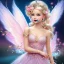 Placeholder: fantasy baby fairy with luminous wings, smiling, make up, long platinum blond hair with crown and flowers, pink dress