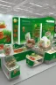 Placeholder: Corner green exhibition stand of a food company with product displays and a meeting area