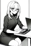 Placeholder: girl with glasses works on a laptop sitting in a cafe, line arts, greyscale