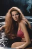 Placeholder: full body portrait - 20-year-old Tawny Kitaen, wearing a pink, bikini in a hot tub - 32k, UHD, 1080p, 8 x 10, glossy professional quality digital photograph - dark blue and dark red, and light maroon and purple and foggy black gradated background with a paint splattered wall, strawberries, stars, planets, galaxies, an assortment of bright, colorful floral arrangements, black roses, blue roses, red roses, yellow roses, pink roses, dandelions, honeysuckle roses, tulips, carnations,