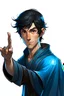 Placeholder: a young half elf man sea sorcerer black hair, small pointy ears and blue eyes. Pointing a finger like a gun