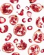 Placeholder: pomegranate seeds behind water droplets through a prism and refraction, on a white background