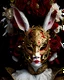 Placeholder: Beautiful rococo floral headdresses metallic filigree Golden carnival style venetian rabbit animal portrait adorned vidh voidcore shamanism rococo headress ribbed with rococo mineral stones red white black and costume armour white and red and black wearing venetian voidcore metallic golden filigree rococo half face masque organic voidcore metallic filigree extremely detailed hyperrealistic maximálist rabbit portrait art