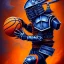 Placeholder: a fierce warrior in full navy blue and orange battle armor, with an S shaped shield, holding a basketball, a highly detailed illustration, background of Inka jungle, realistic render, 8 k, micro detail, intricate, elegant, centered, digital painting, Artstation, smooth, sharp focus, illustration, artgerm, tomasz alen kopera, peter mohrbacher, donato giancola, joseph christian leyendecker, wlop, boris vallejo