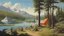 Placeholder: Summer Camp by a Lake, Chesley Bonestell Style, colorful, very detailed, near view