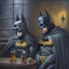 Placeholder: An oil painting of a dark universe masonic sad drunk batman and robin