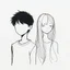 Placeholder: minimal continuous one-line portrait of a boy with black hair, and no face and a girl with long hair parted in the middle and no face, expressive and abstract, pen on textured paper, listening to music