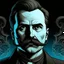 Placeholder: Futuristic, cyberpunk implants, Friedrich Nietzsche, Friedrich Nietzsche mustache, Comic style