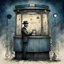 Placeholder: "THE TICKET MAN" style by Gabriel Pacheco and Dave McKean, Modern movie poster art, surreal cosmic horror tale about the Ticket Man who is a wooden animatronic dummy trapped in a glass carnival ticket booth, haunted dreamscape, midnight blue and gray dual color scheme, creepy, ink comic illustration, art from beyond, dramatic, poster art masterpiece.