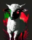 Placeholder: Comic book art style black lamb with red eyes, contrasting green meadow, cartoonist, digital portrait, dark fantasy, black iridescent skin, holographic, shiny, PVC texture, wet look, anime, gothic