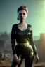 Placeholder: retro portrait image from 1960, New York explosion, long hair, young Scarlett Johansson, classic black tight lycra suit, gold bracelet and belt, high heel boots, soft color, highly detailed, unreal engine 5, ray tracing, RTX, lumen lighting, ultra detail, volumetric lighting, 3d, finely drawn, high definition, high resolution.