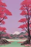 Placeholder: a land scape of Japanese garden, in a red moon sky, surrounded by cherry blossom trees, cel shading