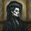 Placeholder: create a 3/4 profile, full body oil pastel of a dark haired, savage, ornately dressed, aged and emaciated gothpunk vampire crone with highly detailed , sharply defined hair and facial features , in a smokey 19th century drawing room in the style of JOHN SINGER SARGENT