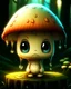 Placeholder: A melancholic creepy kawaii mushroom with a tiny, frowning mouth and big droopy eyes, sitting on a mossy log in a quiet and peaceful forest, lost in its own thoughtsto add personality