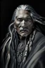 Placeholder: a photo of an Native american indian man with ethnic jewelry, grey hair and grey flowing robe, in style of Annie Leibovitz, contemporary portrait of a mature yet beautiful and modernist man, black and grey, detailed masculine face, swirling fluid smokey enigma, award-winning artwork