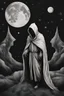 Placeholder: A hooded figure beneath a cosmic sky, revealing unseen truths in the moonlight. black and wihte