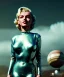 Placeholder: Ultra Realistic retro sci-fi 1960 scene, waist up view portrait, blonde woman, sweet young Marilyn Monroe face, perfect iris, tight latex coat, alien planet background, tight style, steel sphere dron levitating, fog, rain, soft color, highly detailed, unreal engine 5, ray tracing, RTX, lumen lighting, ultra detail, volumetric lighting, 3d, finely drawn, high definition, high resolution.