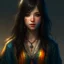 Placeholder: pretty girl, age 13, black hair, conventionally attractive, bright clothes, realism, dreamy, warlock