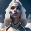 Placeholder: A handsome woman standing in front of a church, futuristic design, a paradise in background, close-up face, geometric armor, female face, 3d unreal engine, black face, close up armor