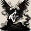 Placeholder: woman sitting forward Her face upward and blows cigarette smoke from their mouth upward. a figure with wings emerging from its back. behind the clouds of smoke look death. dark and mysterious