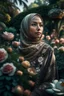 Placeholder: half body wide angle RAW photo, beautiful woman in hijab wearing luxurious and ornate clothing, fully covered, opals and floral decorations, flower garden view in the background, beautiful Indonesian woman's face, high detail skin, flowers, hijab, 8k uhd, DSLR, soft lighting, high quality, film grain