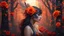 Placeholder: magical bird woman hybrid creature with feather headpiece in red orange rose forest, trees, flowers, fairy lights, night, 8k, high quality, trending art, trending on artstation, sharp focus, studio photo, intricate details, highly detailed, by greg rutkowski