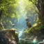 Placeholder: anime girl meditating pose, rock trees, birds, creek