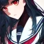 Placeholder: Clear focus, High resolution, long black fluffy hair, red eyes, chopped bangs, wearing a sailor uniform, wearing a sailor skirt, colorful, hollywood, female, no outlines, extreme close up, rough line sketch